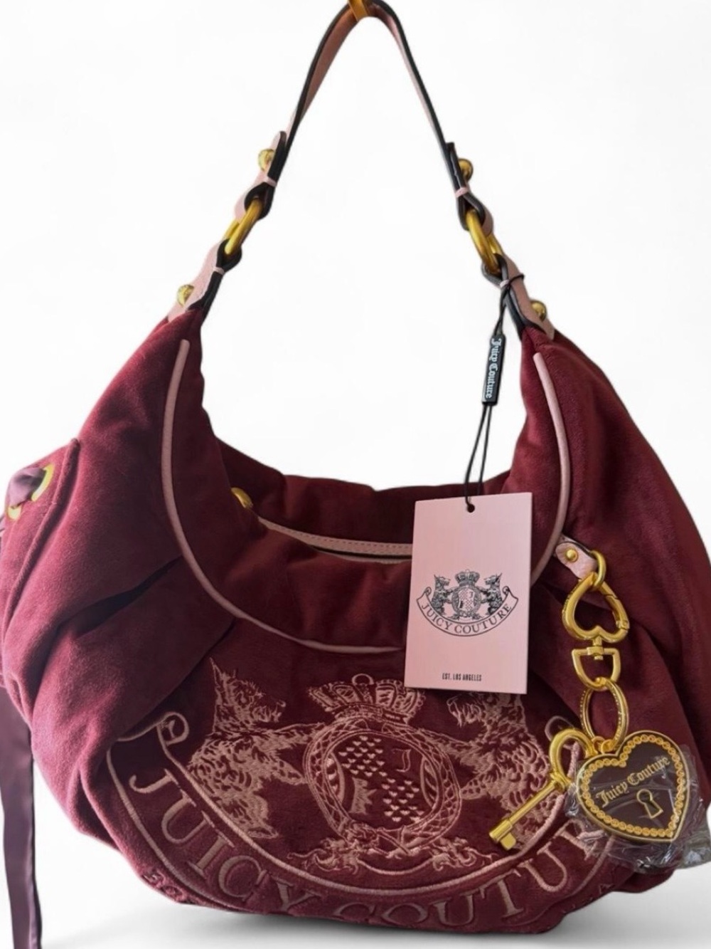 Juicy Couture Wine Velvet Hobo with Gold Heart Charm